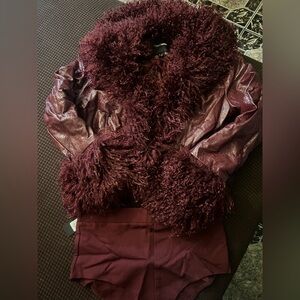 Women's Burgundy Faux Fur Leather Jacket and Micro Booty Shorts